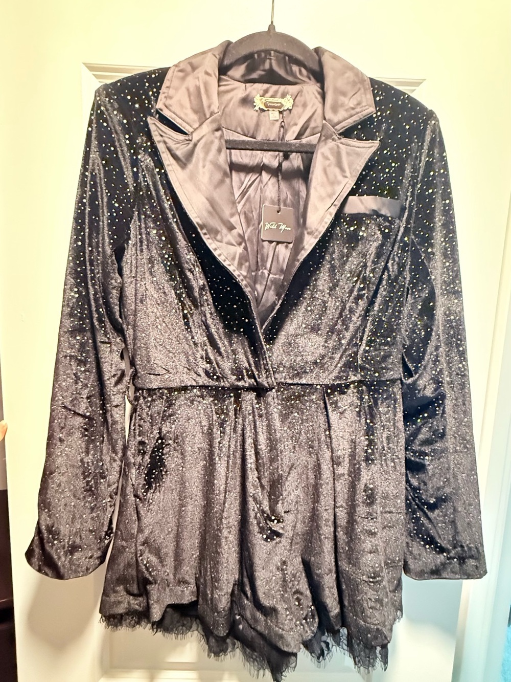 Black Velvet Sparkle Romper with Satin Trim